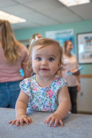 A cute baby girl in a floral dress looks at the camera with a big smile She is sitting on a table in a well-lit room The baby&#39;s blue eyes are sparkling, and she has a white bow in her hair This photo is perfect for a variety of uses, such as websites, social media, and print materials AI Generativeの素材