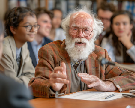 A wise, elderly man with a long white beard and glasses speaks with passion and excitement at a conference His words inspire the young audience around him AI Generativeの素材