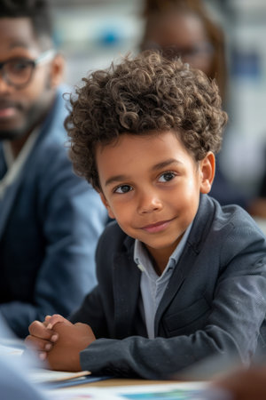 A young boy in a suit sits attentively in a meeting, showcasing a sense of confidence and professionalism beyond his years His inquisitive gaze and slight smile suggest a bright future ahead AI Generativeの素材