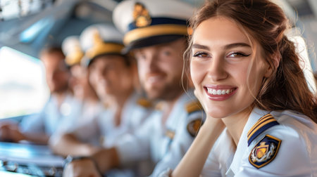 A group of pilots in uniform, including a female pilot, are smiling and looking at the camera The photo conveys a sense of professionalism and teamwork in the aviation industry It&#39;s perfect for projects about travel, careers, or women in STEM AI Generativeの素材