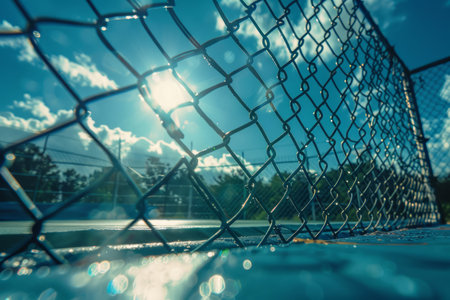 A close-up shot of a chain-link fence with the sun shining through the gaps The fence is in focus, while the background is blurred The image evokes feelings of freedom and hope  This image could be used to represent concepts such as:  confinement, escape, hope, or new beginnings AI Generativeの素材