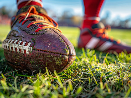 Close-up of a worn football cleat on a green grassy field The cleat is covered in dirt and grass, showing signs of a hard-fought game The photo captures the intensity and dedication of athletes AI Generativeの素材