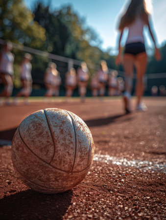 A volleyball lies on a clay court, with a blurred background of players and a female athlete walking towards the camera  The photo captures the excitement and energy of a volleyball match AI Generativeの素材