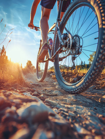 A close-up view of a mountain biker&#39;s leg and tire as they ride through a dirt path The sun is setting in the background, casting a warm glow on the scene This image captures the thrill and adventure of mountain biking AI Generativeの素材