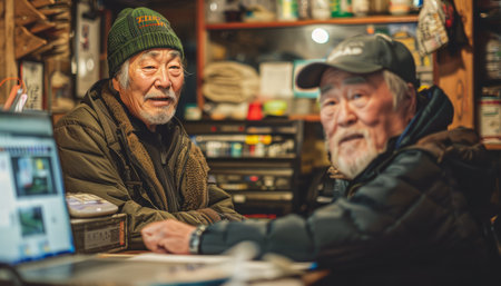 Two elderly men in a small shop, one in a green hat and the other in a blue cap, look at the camera with smiles  They are sitting at a desk with a laptop in front of them The photo captures the warmth and camaraderie of a close-knit community AI Generativeの素材