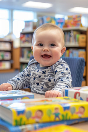 A happy baby sits at a table with books in a library The baby is smiling and looking at the camera The photo is perfect for a story about early literacy, children&#39;s development, or the joy of reading AI Generativeの素材
