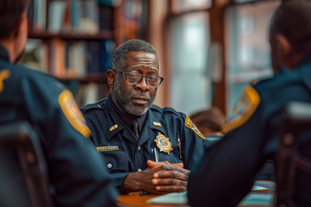 A serious-looking police officer sits at a table with two other officers, listening intently to a discussion The photo conveys a sense of professionalism, leadership, and teamwork within the police force AI Generativeの素材