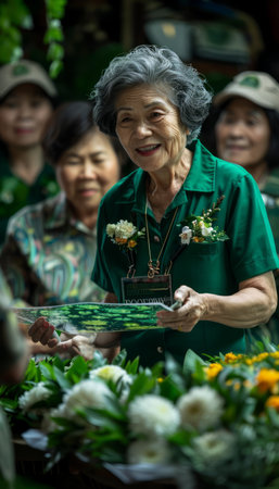 An elderly Asian woman with a warm smile holds a certificate while surrounded by other women in green shirts The image conveys a sense of achievement, community, and celebration  She is surrounded by flowers, which could suggest a gardening club, a retirement community, or a community event AI Generativeの素材