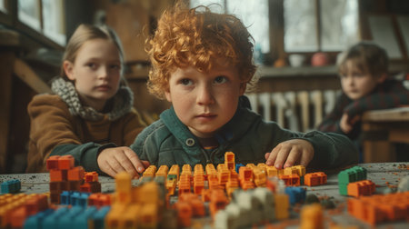 Three children play with colorful building blocks in a rustic setting The red-haired boy focuses intently on his creation, while his friends look on with curiosity The image captures the joy of childhood creativity and imagination AI Generativeの素材