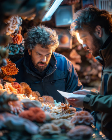 Two men examine a display of coral at a market stall The focus is on the coral and the men's expressions, creating a sense of intrigue and mystery The image evokes a sense of exploration and discovery AI Generativeの素材