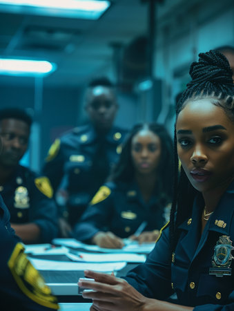 A group of young, diverse police officers gather in a briefing room, their faces illuminated by the blue light of the overhead lamps The scene is tense and focused, highlighting the serious nature of their work  The officer in the foreground stares directly at the camera, her expression resolute  This photo evokes themes of law enforcement, community, and diversity AI Generativeの素材