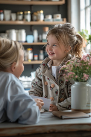 A young girl smiles at her grandmother while sitting at a table in a kitchen The girl is holding a card and the grandmother is sitting opposite her There are flowers in a vase on the table The photo is warm and inviting, capturing the bond between a grandmother and granddaughter AI Generativeの素材