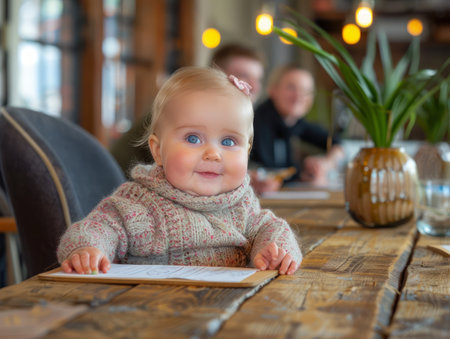 A cute baby girl with piercing blue eyes sits at a wooden table in a restaurant, looking at the camera with a sweet smile  The baby is wearing a knitted sweater and has a pink bow in her hair  The photo is perfect for illustrating articles about family dining or children's fashion AI Generativeの素材