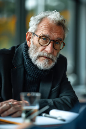 A thoughtful senior man with a salt and pepper beard sits at a table in a cafe He is wearing a black turtleneck sweater and a black jacket and has a glass of water in front of him The photo is taken from a low angle and the man is looking directly at the camera AI Generativeの素材