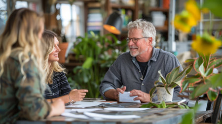 A group of three people, two women and a man, are seated at a table in a relaxed setting, engaged in a conversation They appear to be colleagues or friends, sharing ideas and collaborating on a project The image exudes a sense of teamwork, creativity, and communication AI Generativeの素材