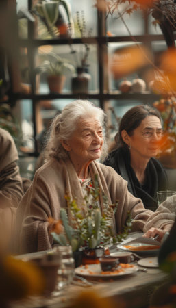 An elderly woman with a warm smile sits at a table in a cozy cafe, enjoying a meal with her daughter The soft lighting and warm colors create a sense of intimacy and togetherness  The image is perfect for illustrating themes of family, love, and aging gracefully AI Generativeの素材