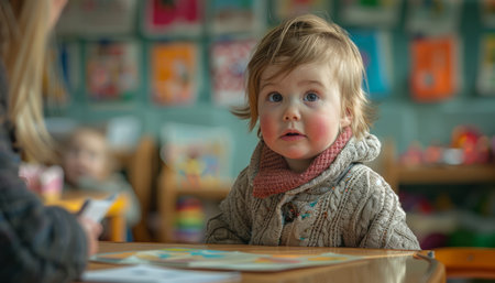 A curious toddler with rosy cheeks sits at a table in a classroom setting, looking attentively at someone off-camera The photo captures the innocence and wonder of childhood Perfect for educational, child development, or family-related projects AI Generativeの素材