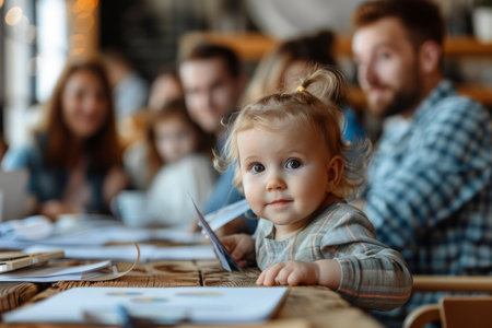 A cute little girl with pigtails sits at a table, looking directly at the camera She is surrounded by family and friends in a warm and inviting atmosphere  This image is perfect for promoting family, togetherness, and love AI Generativeの素材