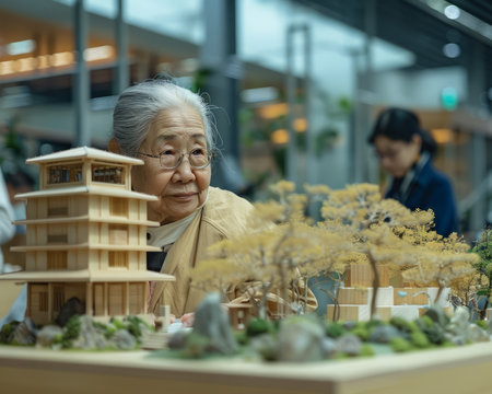 An elderly woman with glasses gazes at a miniature model of a traditional Japanese building, surrounded by trees and rocks She reflects on the craftsmanship and history, while a younger woman works in the background  The photo captures a moment of quiet contemplation and cultural appreciation AI Generativeの素材