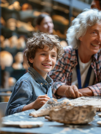A young boy smiles with delight as he examines a piece of ancient pottery at a museum exhibit, with his grandmother by his side The image captures the joy of learning and the special bond between generations AI Generativeの素材