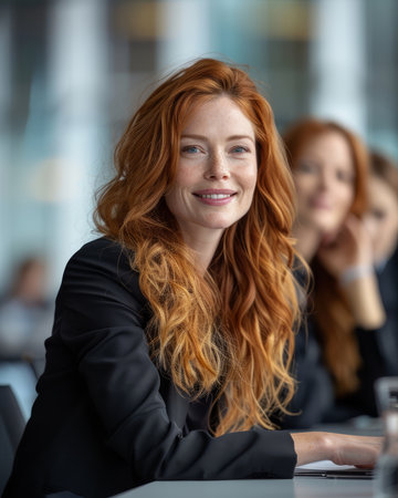 A confident businesswoman with long red hair smiles at the camera during a business meeting She is wearing a black blazer and has a professional demeanor The photo conveys professionalism, success, and leadership AI Generativeの素材