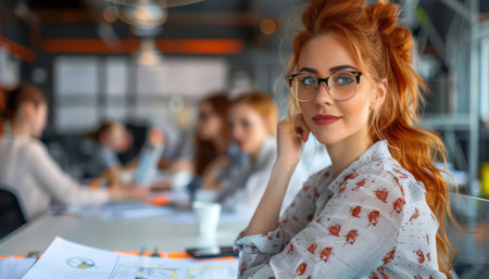 A young, confident woman with red hair and glasses looks directly at the camera while sitting at a table with colleagues in the background The image conveys professionalism, intelligence, and leadership  Perfect for business and marketing materials AI Generativeの素材
