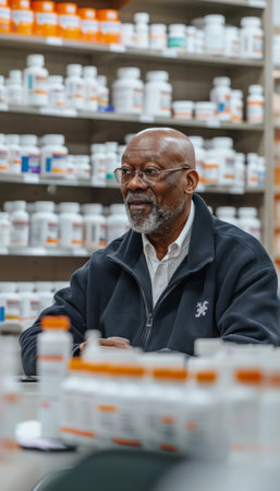 A friendly pharmacist stands behind a counter in his pharmacy, surrounded by shelves of medication He is wearing glasses and a black sweater The image conveys a sense of trust and professionalism AI Generativeの素材