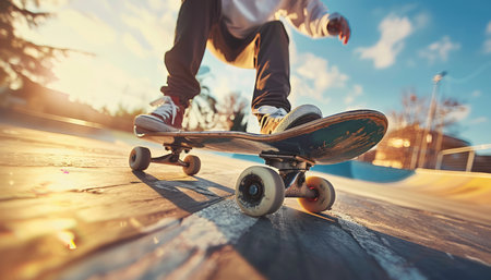 Low angle view of a skateboarder&#39;s legs and board as he rides over a ramp The sun is setting behind him, casting a warm glow on the scene The photo captures the thrill and energy of skateboarding AI Generativeの素材