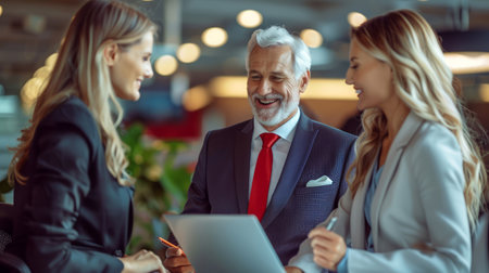 A diverse team of business professionals collaborates on a project in a modern office setting They are smiling and engaged in conversation, demonstrating teamwork and success This image is perfect for illustrating business concepts, teamwork, and collaboration AI Generativeの素材