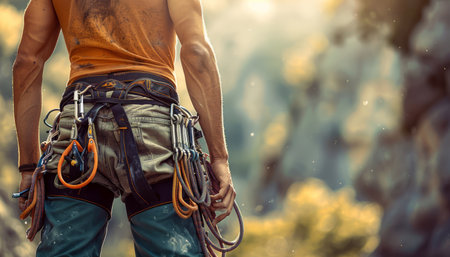 A close-up shot of a climber&#39;s harness and gear, with a blurred background of a rocky cliff and golden sunlight The image evokes a sense of adventure, determination, and the thrill of conquering challenges Perfect for articles, blog posts, and social media posts related to climbing, outdoor sports, and adventure AI Generativeの素材