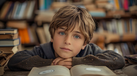 A young boy with bright blue eyes gazes intently at a book, surrounded by a towering wall of bookshelves in a library  The image captures the magic and wonder of reading, and the power of knowledge AI Generativeの素材