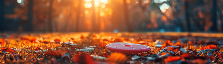 A blurred background of a forest with a red disc lying in the grass The sun is shining through the trees  This image can be used for backgrounds, websites, and social media  It is a beautiful and peaceful scene AI Generativeの素材