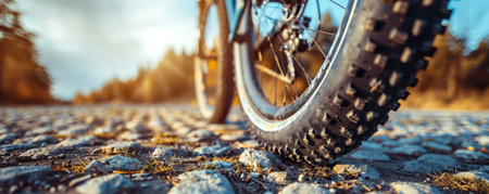 Close-up of a mountain bike tire rolling over a rocky path  The tire has a tread pattern and is ready for adventure AI Generativeの素材