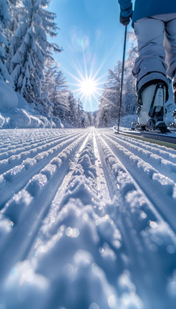 A skier's perspective of a snowy cross-country ski trail The sun shines brightly, illuminating the pristine snow and trees lining the path The skier's boots and ski poles are visible in the foreground Perfect for winter sports, adventure, and nature photography AI Generativeの素材
