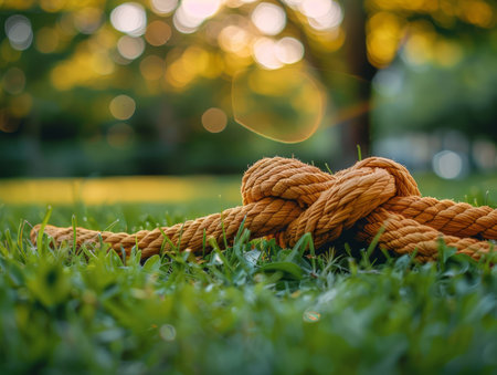 A close-up of a knotted rope lying on a bed of lush green grass The rope is a warm brown color, and the knot is tied tightly The background is blurred, creating a sense of depth and tranquility  The image evokes feelings of strength, resilience, and connection  Perfect for projects related to nature, strength, and overcoming obstacles AI Generativeの素材