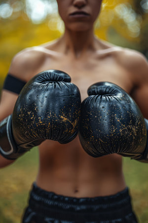 A close-up shot of a boxer&#39;s fists wearing worn black boxing gloves, ready to fight The background is blurred, focusing attention on the gloves This photo evokes a sense of power, determination, and resilience Perfect for sports-related content AI Generativeの素材