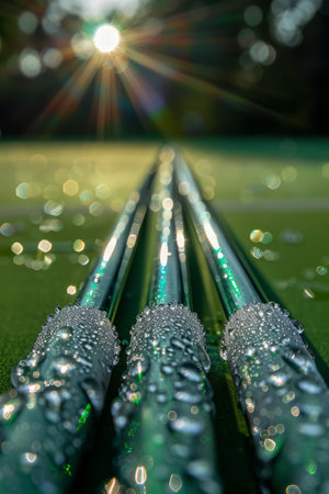 A close-up shot of three green poles with water droplets on them, set against a background of a blurred green lawn and the sun shining in the background The image evokes a sense of freshness, nature, and the outdoors AI Generativeの素材