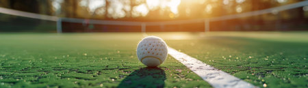 A tennis ball lies on a green court with a blurred tennis net in the background and the sun setting in the distance  Perfect for a tennis themed background AI Generativeの素材