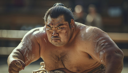 A determined sumo wrestler stares intensely at his opponent, his face contorted in concentration The image captures the raw power and athleticism of this ancient Japanese sport Perfect for editorial, sports, and cultural themes AI Generativeの素材