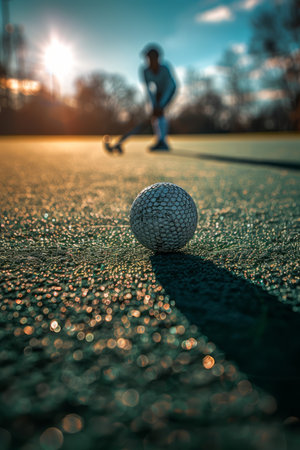 A close-up shot of a field hockey ball on an artificial turf field with a player in the background The setting sun creates a warm glow and bokeh effect This photo captures the anticipation and excitement of the sport AI Generativeの素材