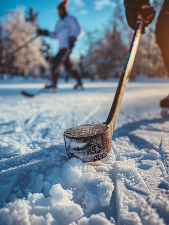 A close-up shot of a hockey stick on a frozen lake, with a blurred figure skating in the background The photo captures the thrill and excitement of winter sports, with the bright sunlight reflecting off the ice AI Generativeの素材
