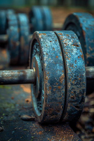 A close-up of a pair of rusty dumbbells lying on a wooden platform The weights are covered in dirt and grime, suggesting they have been used extensively The image evokes a sense of hard work, dedication, and resilience AI Generativeの素材