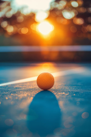 A lone golf ball sits on a blue court, bathed in the warm glow of a setting sun  The image evokes a sense of peace and tranquility, perfect for showcasing sports, leisure, or outdoor themes AI Generativeの素材