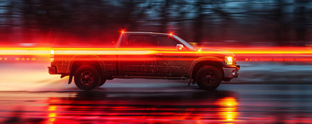A pickup truck driving through the city at night with the headlights blurred AI Generativeの素材