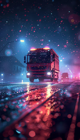 A red firetruck rushes through a neon-lit city street during a snowy night The blurred lights and falling snow create a sense of urgency and drama The scene evokes a feeling of both danger and hope AI Generativeの素材