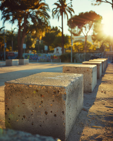 A row of concrete blocks line a pathway in a park, with palm trees and a setting sun in the background The image is taken from a low angle, with the blocks in focus and the background blurred The image evokes a sense of peace and tranquility AI Generativeの素材