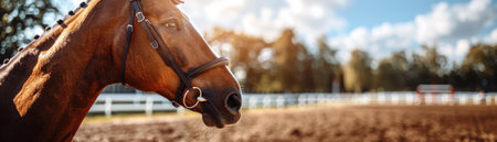 Close-up of a brown horse's head in a bridle, with a blurred background of a countryside field and fence  Perfect for equestrian themes and equine photography AI Generativeの素材