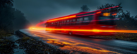 A red bus speeds down a misty road, its headlights creating streaks of light The image captures the feeling of movement and isolation AI Generativeの素材