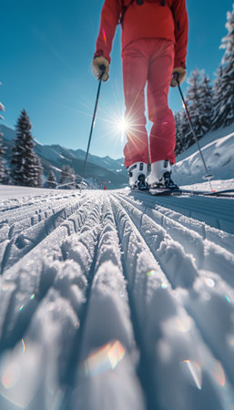 A skier glides along a pristine cross-country ski trail, the sun sparkling off the snow The beautiful scenery and crisp air make for a perfect winter day This image evokes a sense of peace and tranquility, making it perfect for advertising winter sports or travel destinations AI Generativeの素材