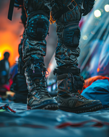 Close-up of tactical boots worn by a soldier in camouflage gear, standing on a tarp with a blurred background The boots have a rugged design and are equipped with straps and buckles The photo evokes a sense of preparedness and readiness for action AI Generativeの素材
